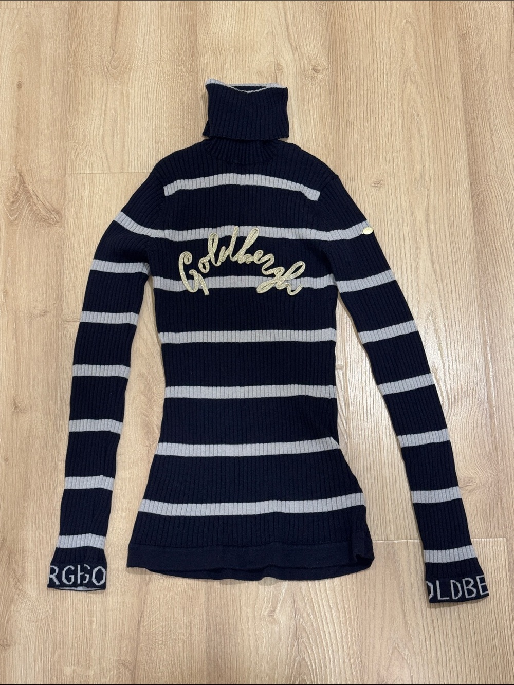 Goldbergh Striped Turtleneck Sweater with Gold Script Accent